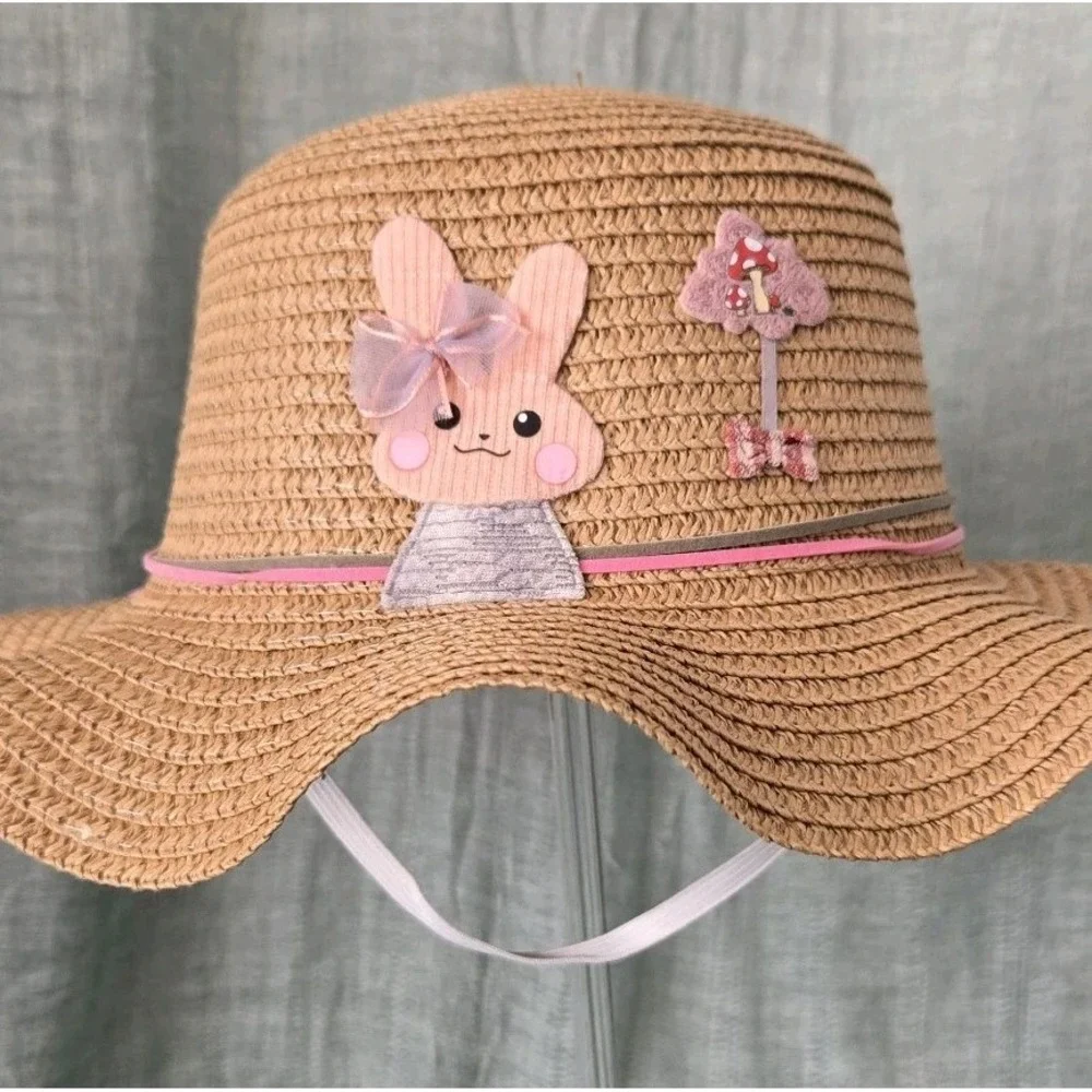 Girl's Tan Straw Floppy Brim Sun Hat Easter Spring Light Airy Chin Strap‎